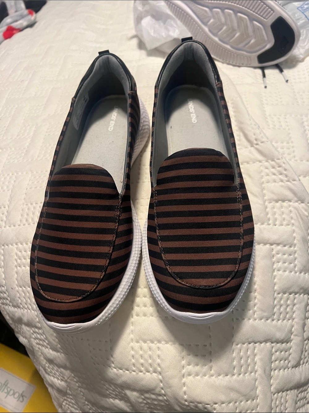 Lands' End Women's Slip-On Moccasins - Brown and Black Stripes